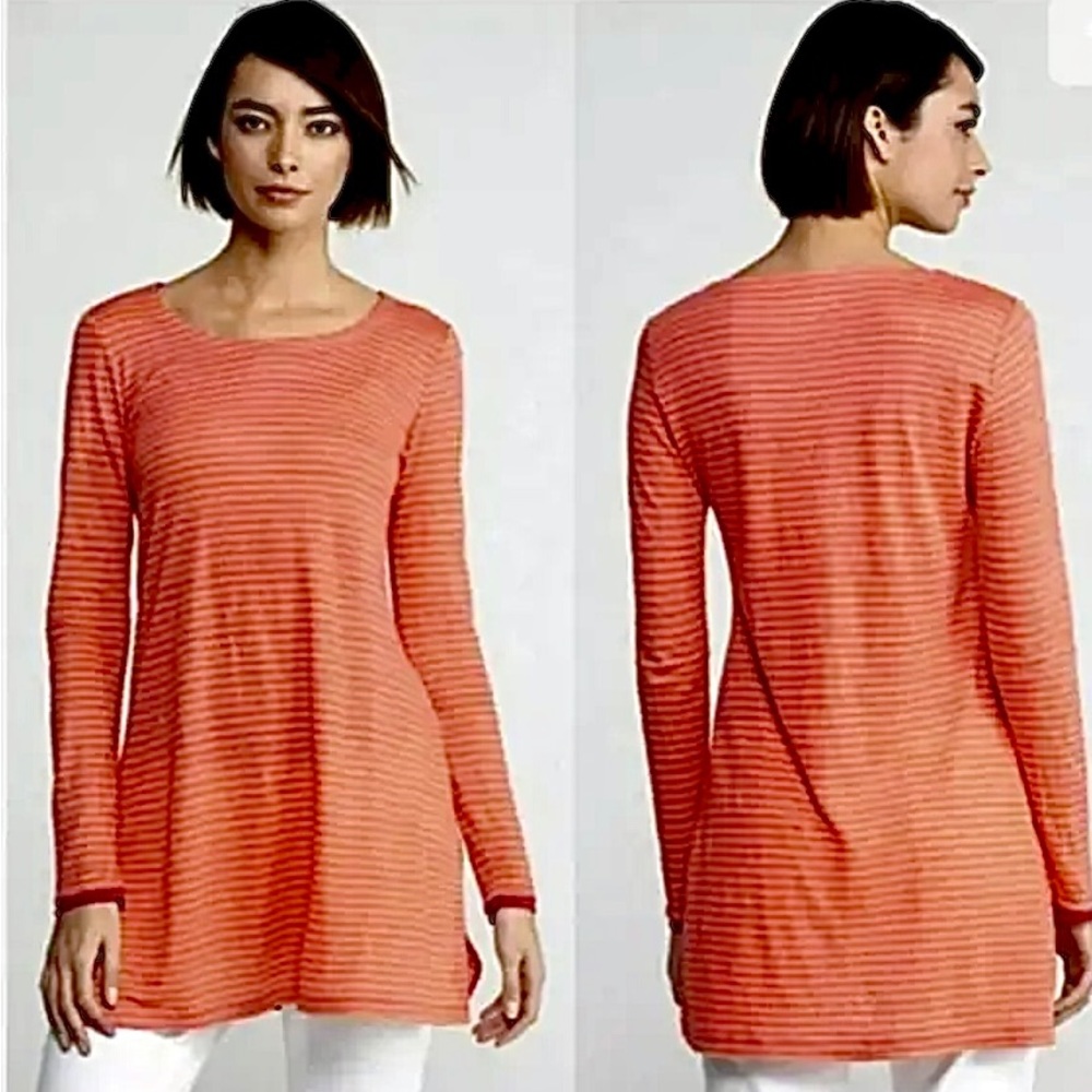 EILEEN FISHER TOP SIZE SMALL PETITE LINEN ORANGE PINK STRIPED LONG SLE…